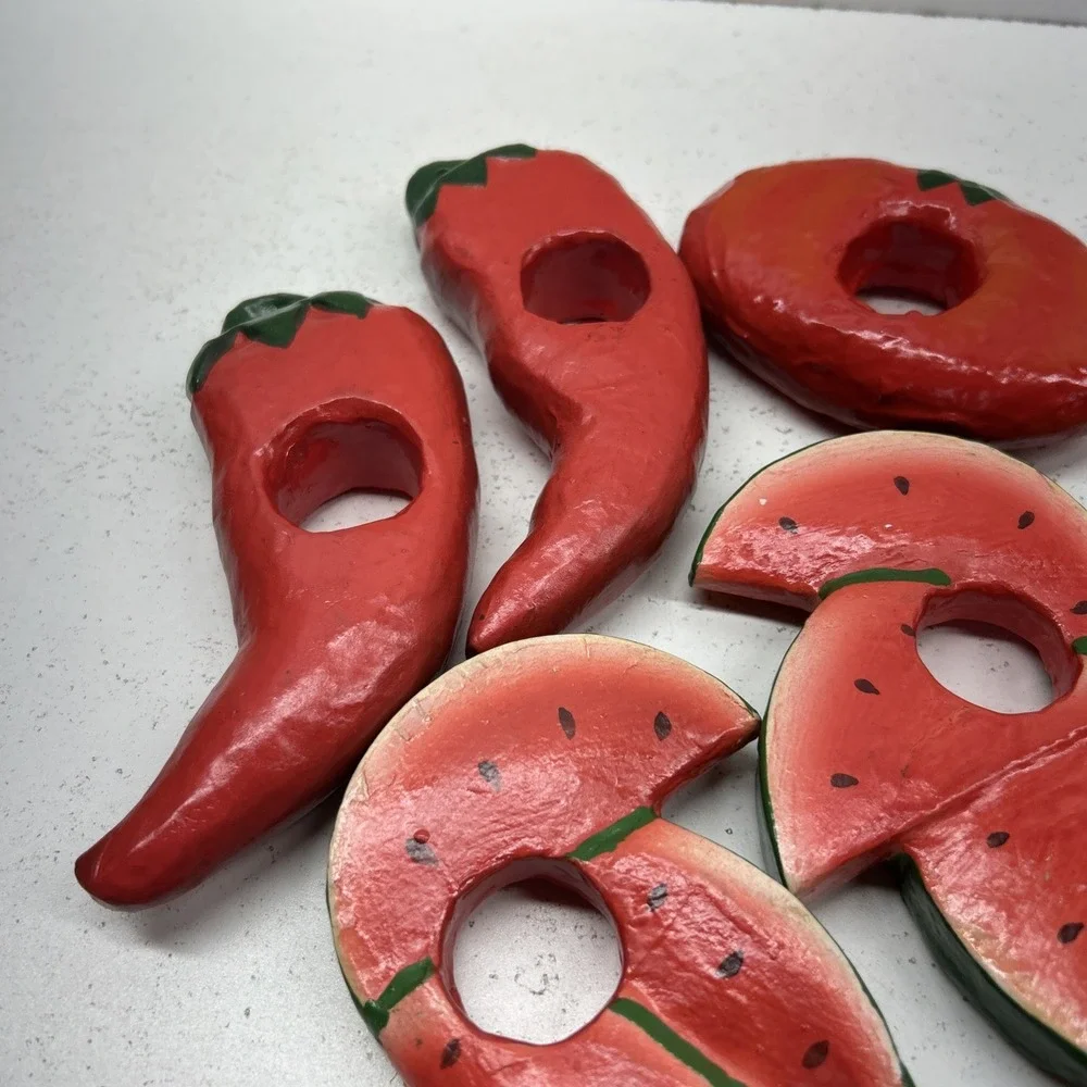 Vintage Wooden Fruit Napkin Rings Set 10 Watermelon‎ Hand Painted 1970's